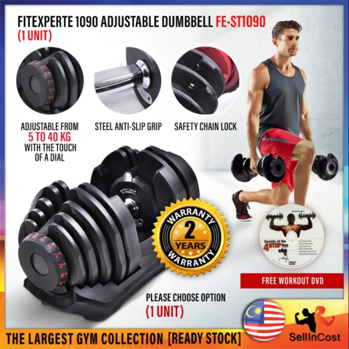 Sellincost Fitexperte Selecttech 1090 Automatic Adjustable 40kg Dumbbell Set 10lb 90lb 5kg 40kg Selectech Weightlifting Fitness Select Tech Dumbell Gym Equipment With Free Workout Dvd 2y Warranty Choose Your Option 1pc 2pcs