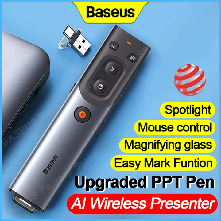 Baseus Ai Wireless Presenter Remote Control PPT Pen Rechargable Real-Time Voice Translation Dual Modes Smart Voice Recording For Notebook Laptop With USB-A And Type-C Ports