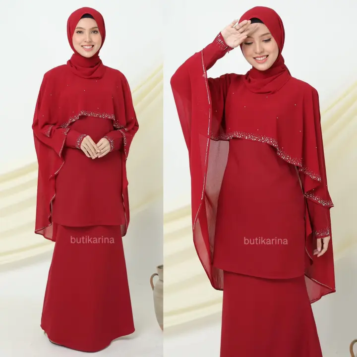 Baju Kurung Moden Chiffon Safiyyah Raya 2021 Maroon Merah Gelap Lazada