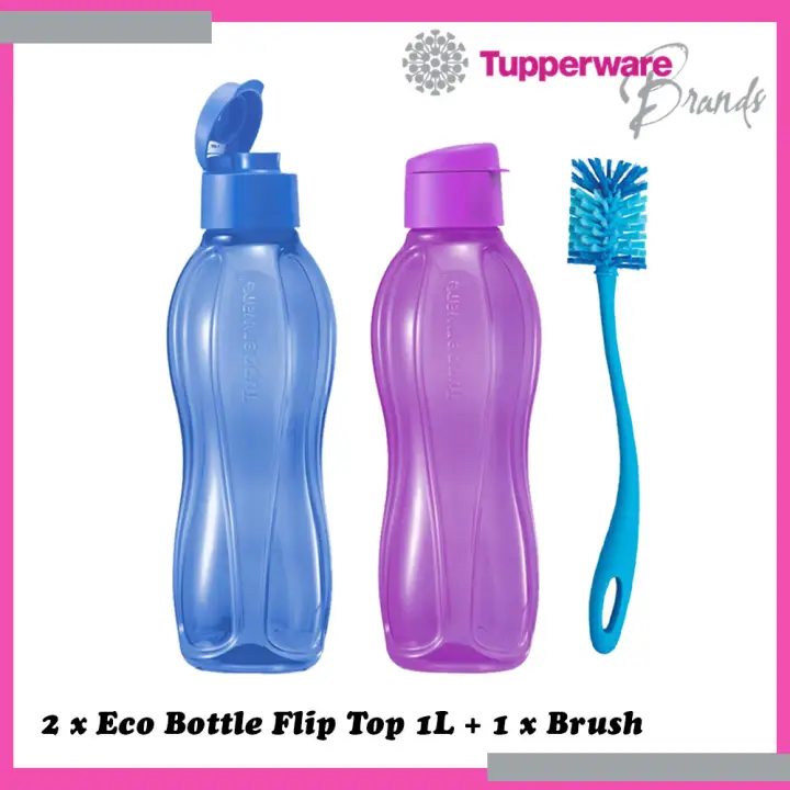 Tupperware Eco Bottle Flip Top 1L 2 Pcs Water Drink Bottle Blue & Purple Colour + 1 Pc Eco Bottle Brush