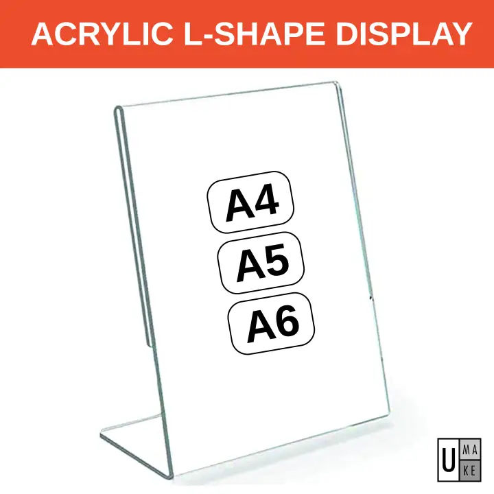 A4 A5 A6 Acrylic L-shape Display Stand Portrait Horizontal Transparent (For QR code scan or promotion) penyangkut kertas