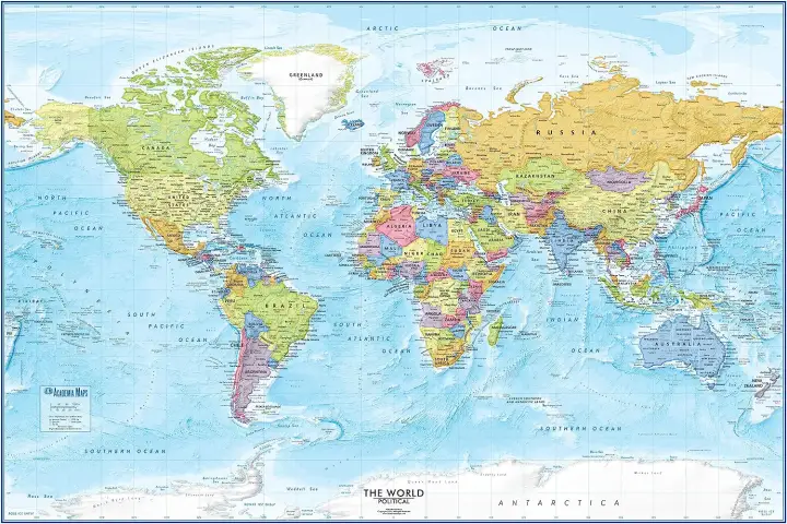 ED125 Large Blue Ocean World Wall Map X Detailed World Wall Map World Map Poster Laminated World Map Academia Maps