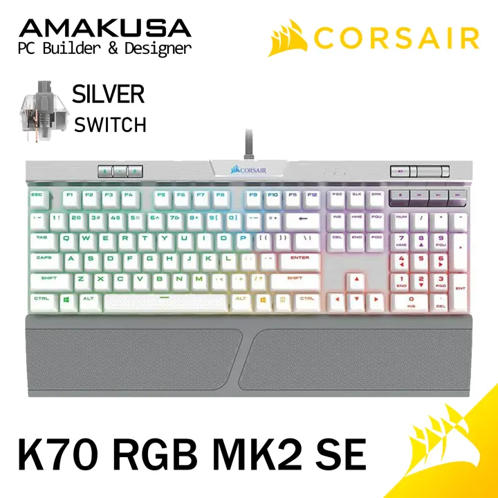 Corsair K70 RGB MK2 SE White Edition Mechanical Gaming Keyboard iCUE Cherry MX Linear Speed Key Switch Switches Aluminum Frame Port Media Volume Detachable Palm Wrist Rest USB Pass Through Keycap Tool LED PC Desktop AMAKUSA
