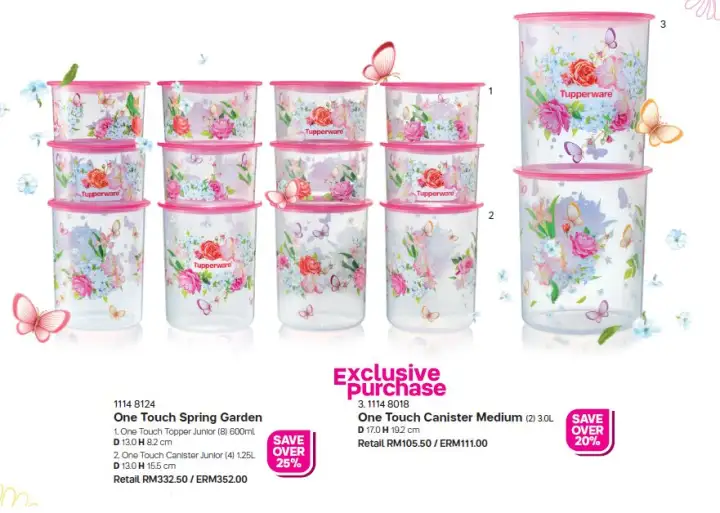 Tupperware One Touch Spring Garden Pink 600ml (8) 1.25L (4) PWP Canister 3L (2)