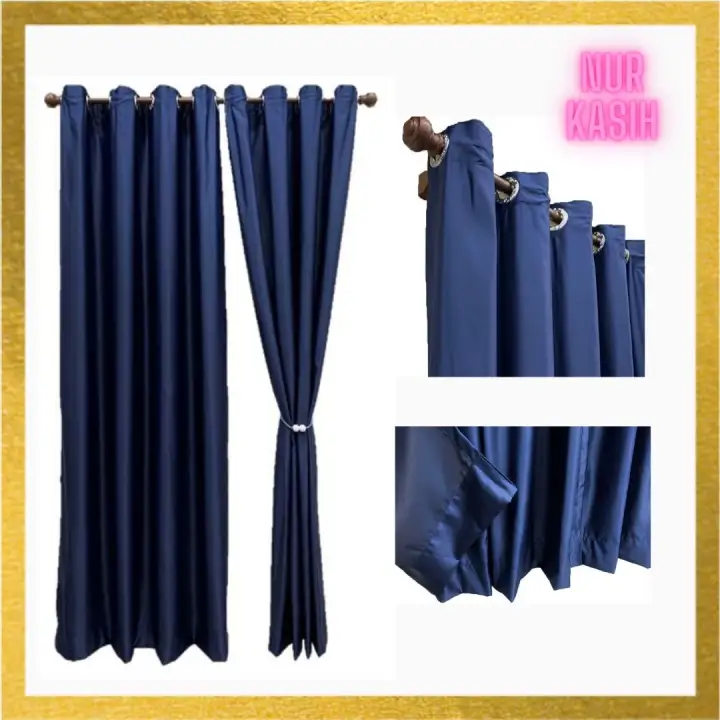 A11 Ready Made Curtain Siap Jahit Langsir Langsir Raya Kain Tebal Free Eyelet Ring Warna Biru Gelap Dark Blue Lazada
