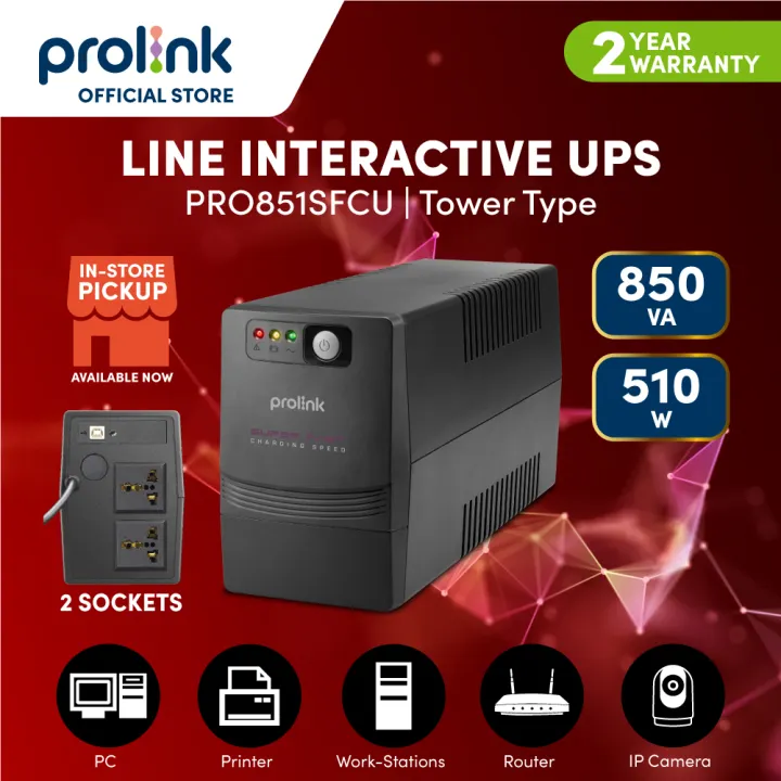 Prolink 850VA/510W UPS Power Backup with AVR for Computer/Modem/Router/Switch/NAS/CCTV PRO851SFCU