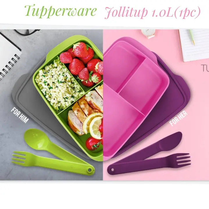 Tupperware lunch box Jollitup 1.0L with/without OTG cutleries w/case - Purple Pink / Grey Green