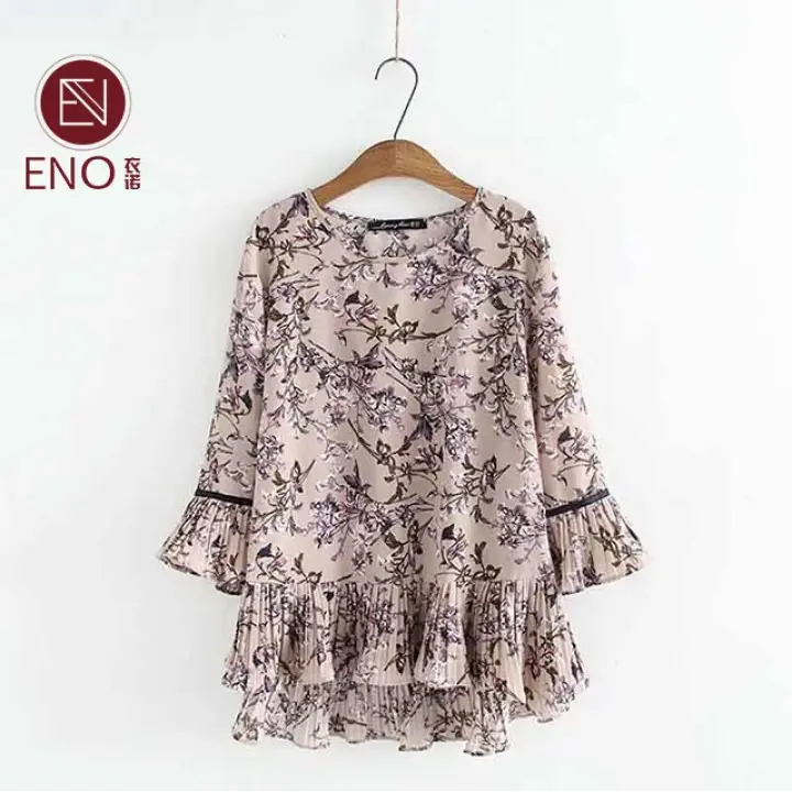 Eno Blause Women Muslimah Blaus Wanita Plus Saiz Fashion Blouse Kembang Loose Ladies Baju Floral Casual