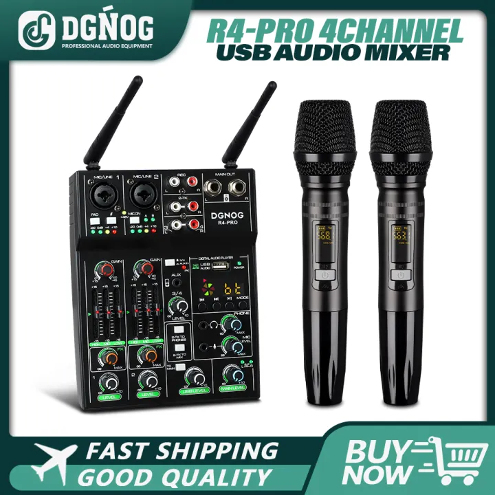 4 Channel USB Audio Mixer with Wireless Microphone Studio Sound Mixers with Bluetooth REC DJ Console Mixing for Karaoke