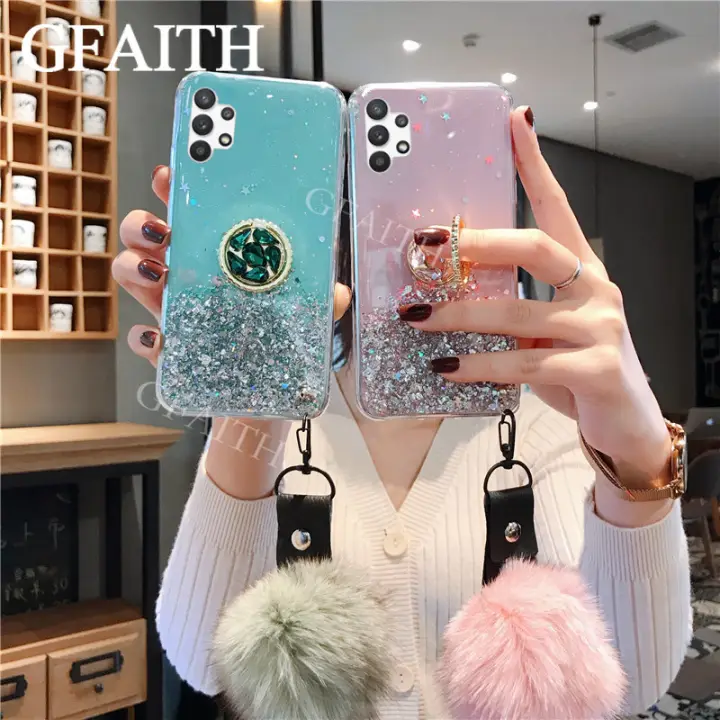 Gfaith Phone Case For Samsung Galaxy A32 5g Case Bling Luxury Rhinestone Ring Holder Soft Hand Strap Fur Ball Star Softcasing Lazada Singapore