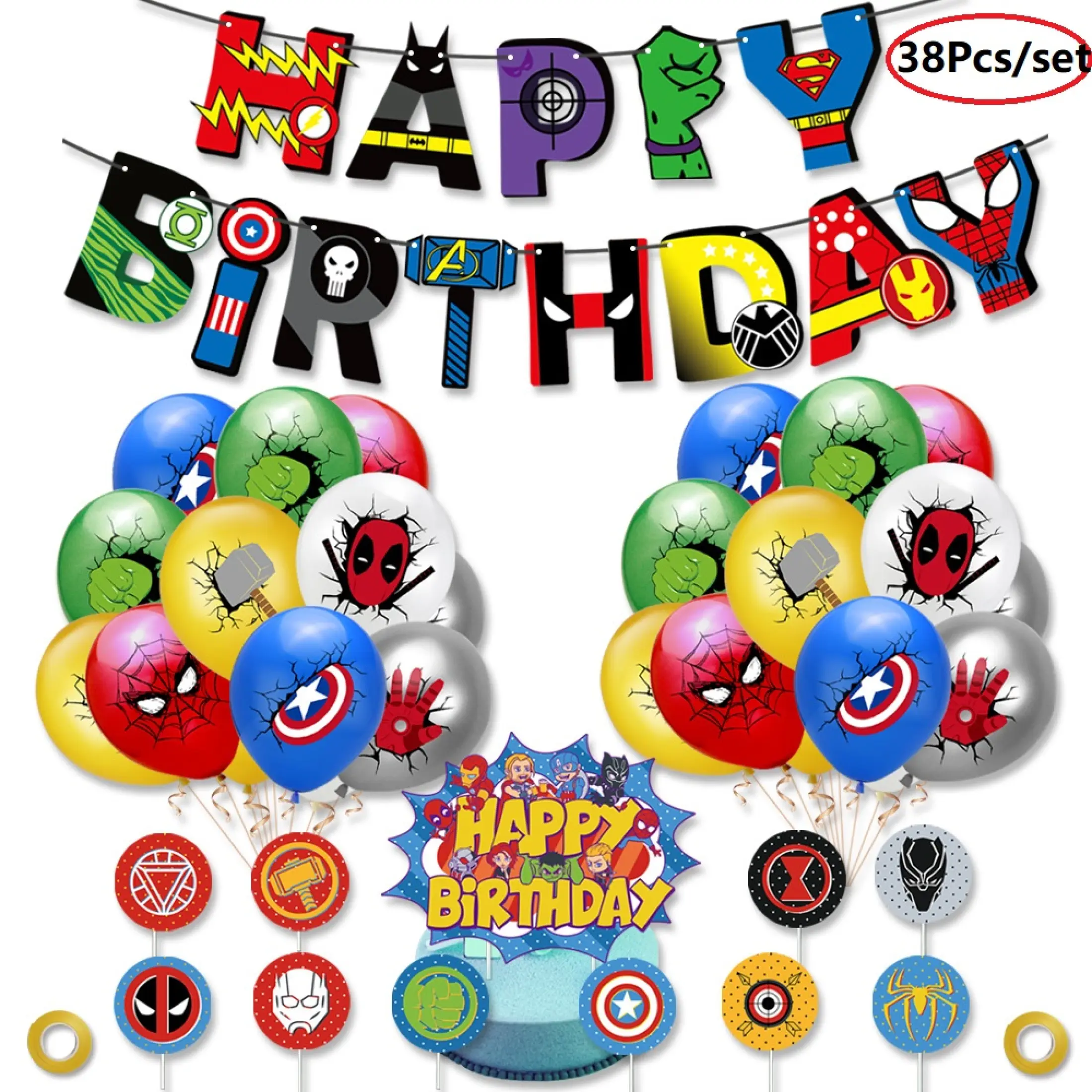 Toystoryshop 38pcs Set Avengers Superhero Theme Balloon For Happy Birthday Party Decoration Set Toys For Kids Boys Spider Man Hulks Captain America Home Decor Party Supplies Balloons Anniversaire Cupcake Topper Gift For Kids