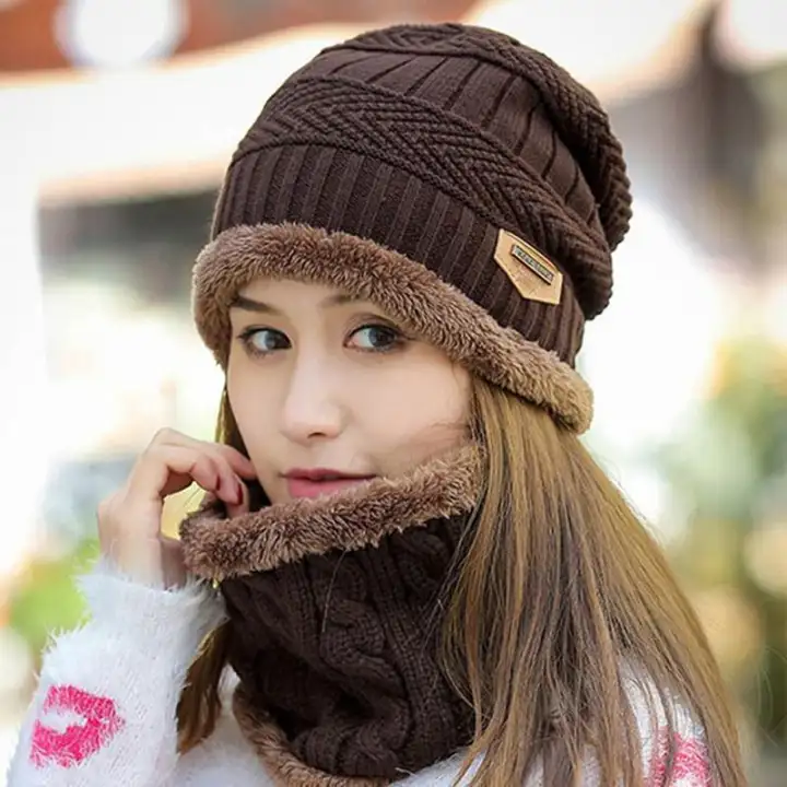 Men Women Winter Warm Crochet Knit Baggy Beanie Wool Skull Hat Ski Cap and Scarf