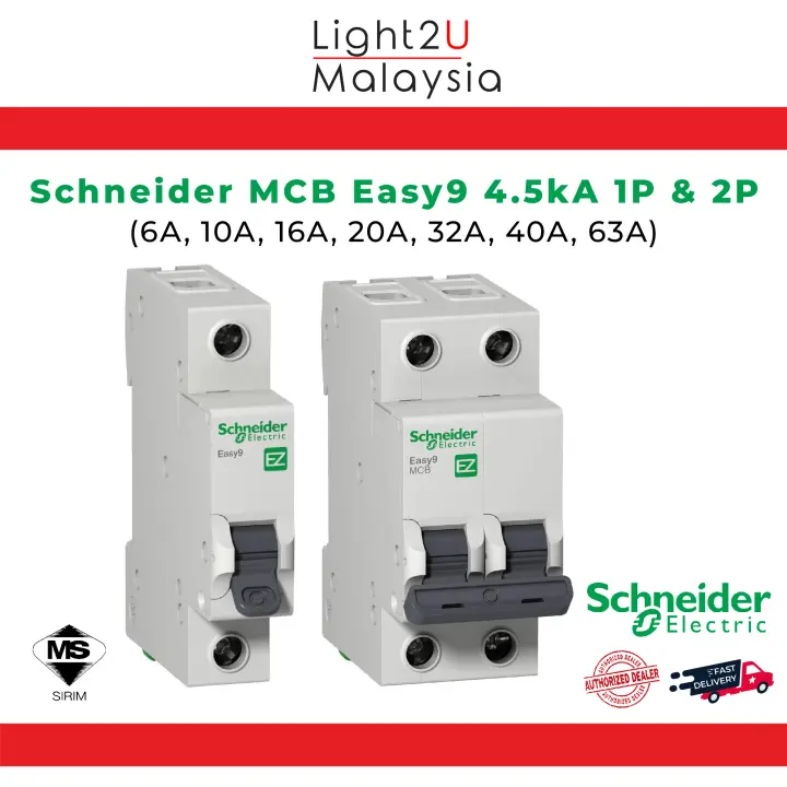 Schneider MCB 1 Pole / 2 Pole 4.5KA Easy9  C-Curve | Miniature Circuit Breaker (6A/10A/16A/20A/32A/40A/63A)