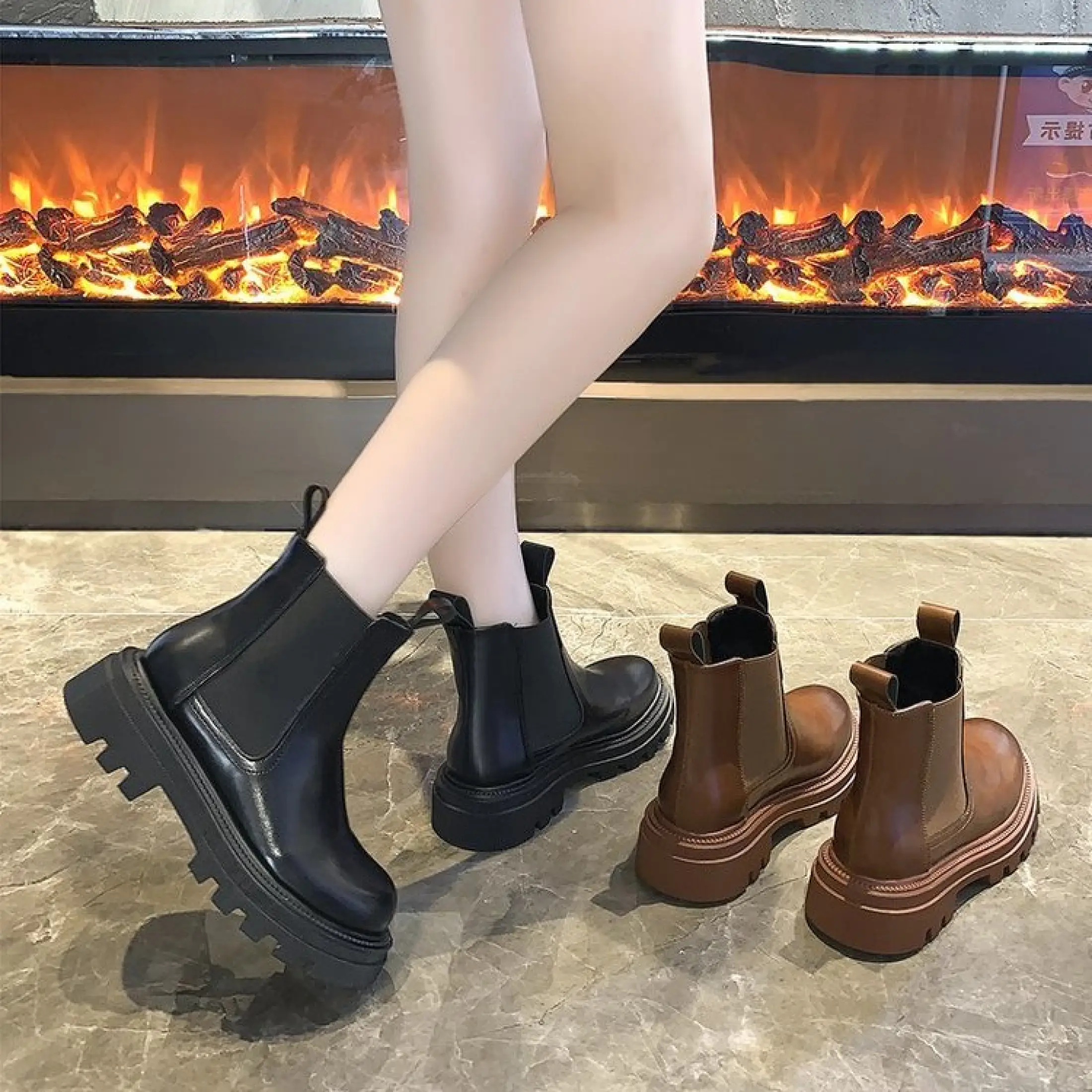 platform black leather ankle boots