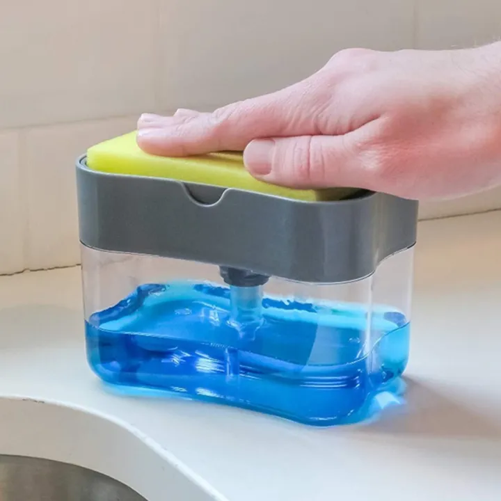 2 in 1 Premium Kitchen Manual Press Liquid Soap Pump Dispenser Washing Sponge Dish Wash