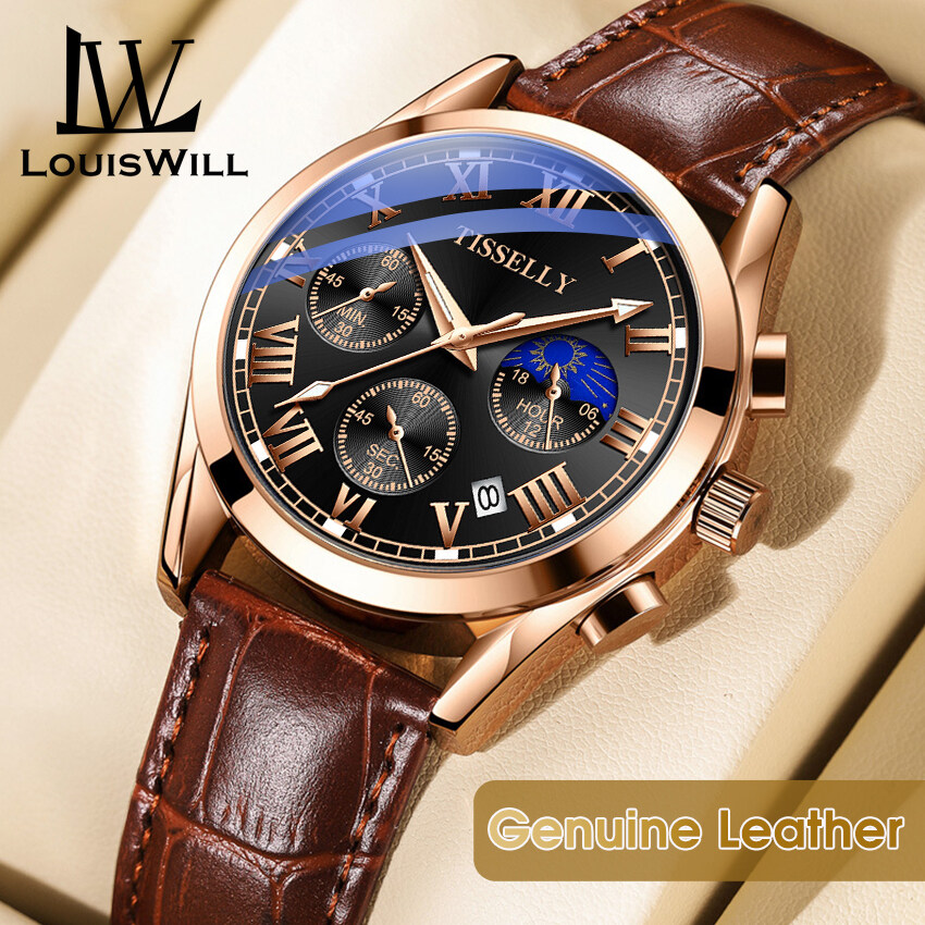 LouisWill นาฬิกาข้อมือแฟชั่นสำหรับผู้ชาย,นาฬิกาข้อมือควอตซ์รุ่น3ATM กันน้ำสายรัดตาข่ายสแตนเลสสตีลตัวชี้เรืองแสงนาฬิกาข้อมือพร้อมปฏิทินสำหรับผู้ชาย