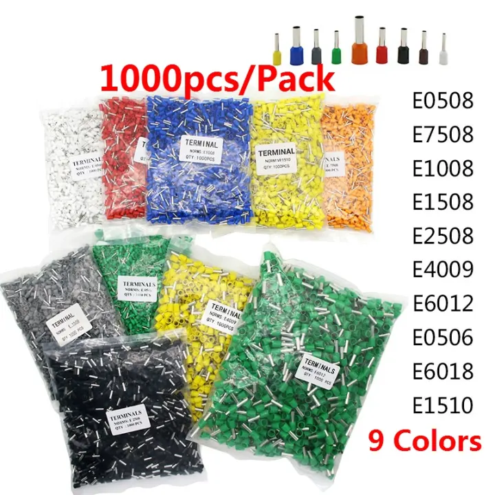 1000pcs/Pack E0508 E7508 E1008 E1508 E2508 Insulated Ferrules Terminal Block Cord End Wire Connector Electrical Crimp Terminator