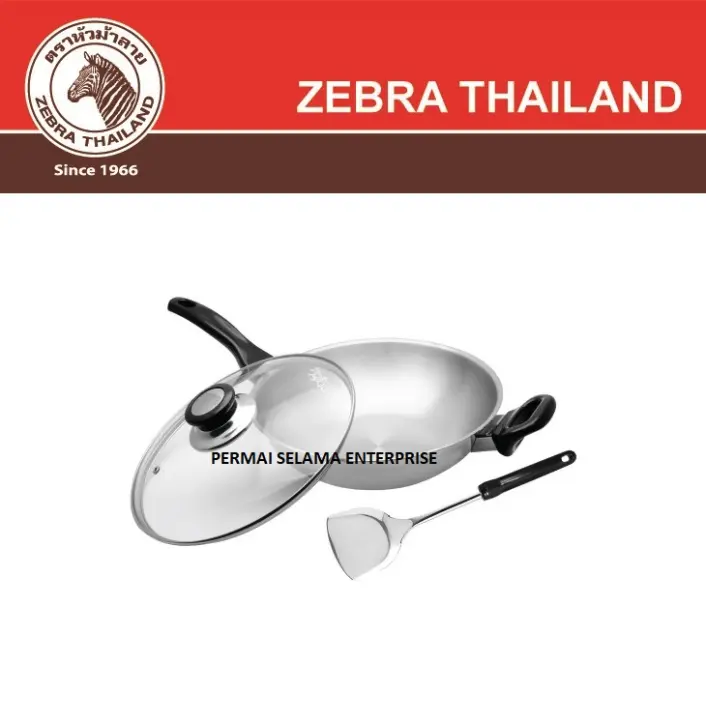 100% Original Thailand Zebra Stainless Steel 28cm 3Ply Wok With Glass Lid and Turner Z176503 176503