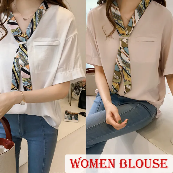 Pre Order 2020 New Lady Chic Hong Kong Style Stitching Scarf Ol Blouse Wanita Baju Lengan Pendek Baju Longgar Tipis Eta 2021 11 5 Lazada
