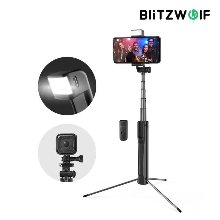 Blitzwolf BW-BS8 3 in 1 bluetooth Selfie Stick with tripod Extendable Bluetooth Tripod Selfie Stick With LED Fill Light For Phone Sport Camera  Design Multi-angle Rotation Removable and Rechargeable Remoter