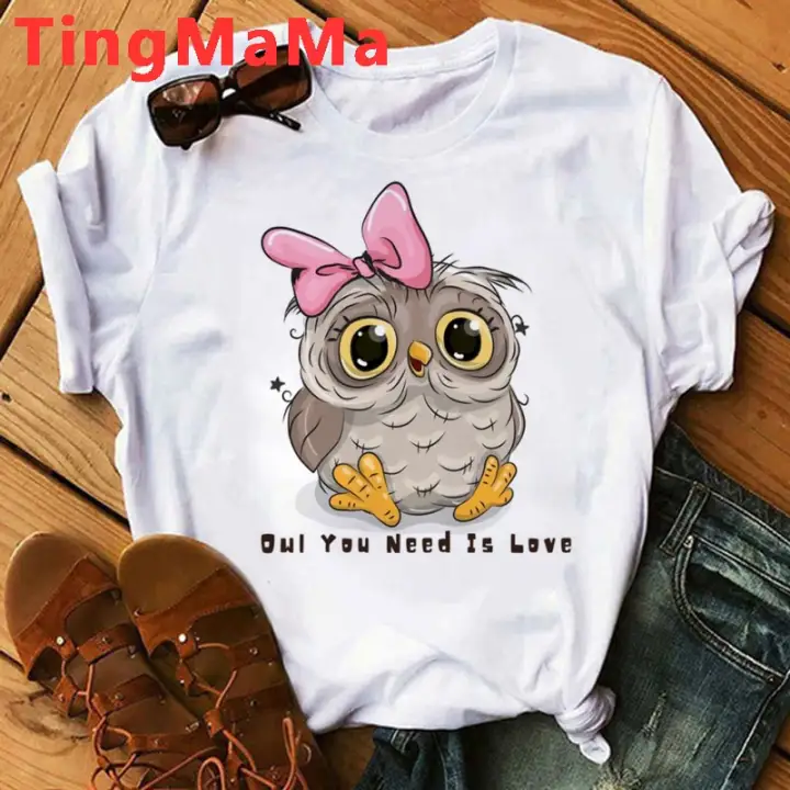 Owls Casual Summer T Shirt Romantic Funny Cartoon Graphic Female Tee T-Shirt Clothing 