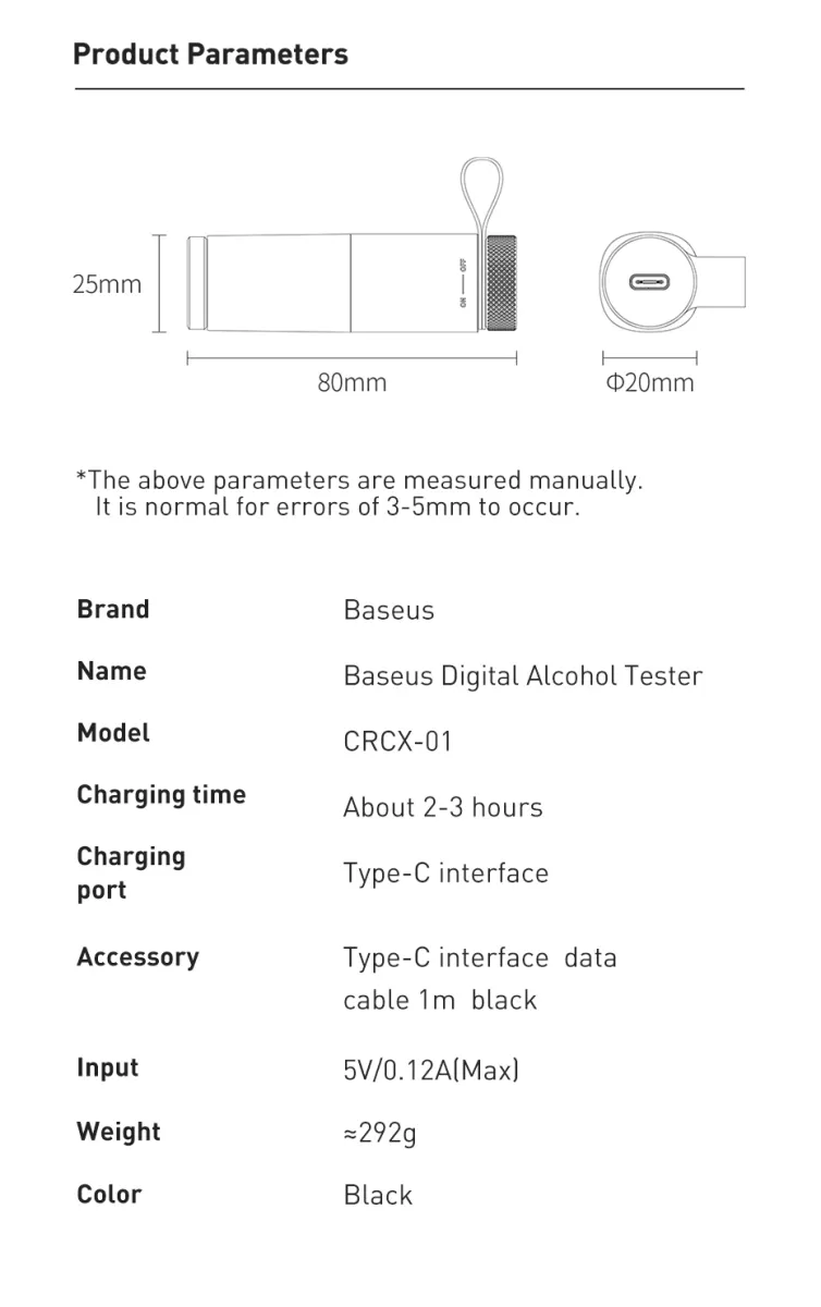 Baseus Alcohol-Tester Electronic Breathalyzer with Digital Display Portable Professional Breath Tester USB Rechargeable Non-Contact Alcohol Meter Analyzer