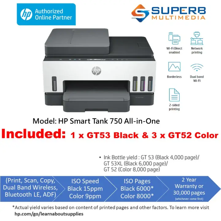 HP Smart Tank 750 All-in-One Printer (Print, Scan, Copy, Auto Duplex, WiFi Printing, Bluetooth, ADF, Lan) T&G E-Wallet Rm80