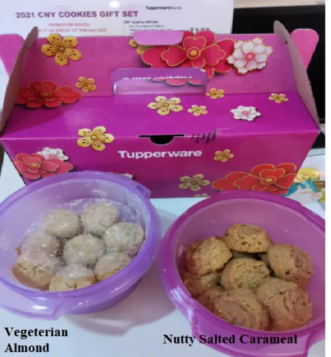 READY STOCK Tupperware CNY Cookies Gift Set , One Touch 600ml, Vegetarian Almond & Nutty Salted Caramel [TWO SETS]