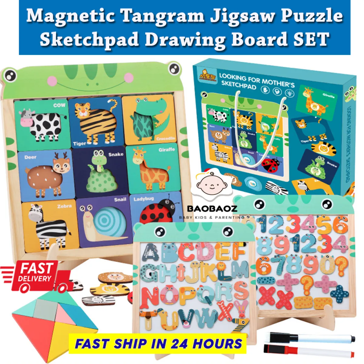 Baobaoz Double Sided Number Alphabet Magnetic Tangram Jigsaw Puzzle Sketchpad Drawing Board Set Lazada