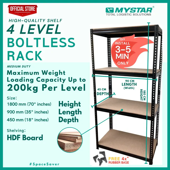 Mystar Boltless Rak Papan Gentian 4 Tingkat 45cm D X90cm W X180cm H Hitam 200kg Setiap Tingkat Rak Store Medium Duty Rak Rak Store Room Rak Barang Serbaguna Rak Dapur Untuk Letak