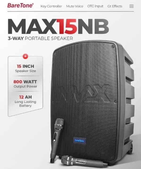 Baretone MAX-15NB / MAX15NB 15" Portable Speaker Bluetooth with Two UHF Wireless Microphone