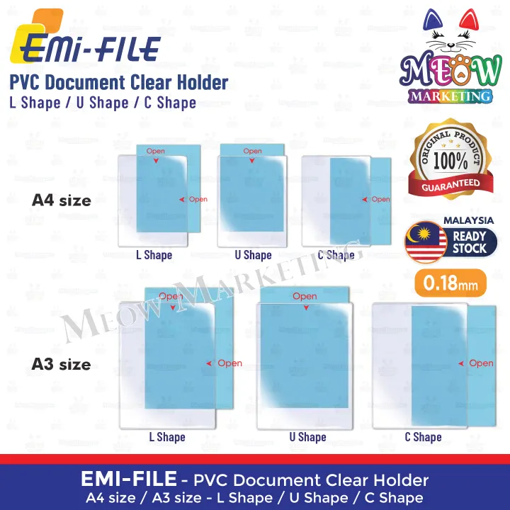 EMI File PVC Document Clear Holder A4 / A3 - L Shape File / U Shape File / C Shape File