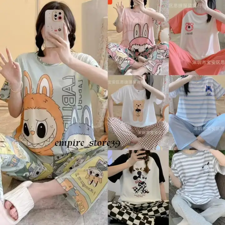 Korea Fashion Pyjamas Set Baju Tidur Perempuan Plus Size Women pajamas plus size wanita short sleeve comfy