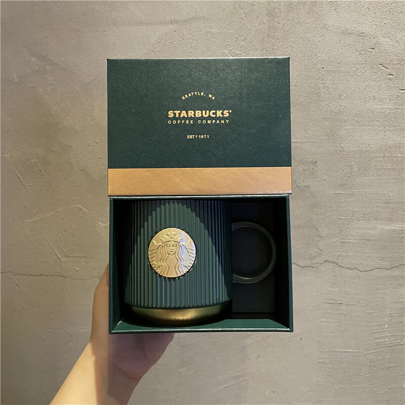 Starbuck logo nữ thần sọc xanh đậm 2021 cốc biển tên màu vàng hộp quà tặng cốc uống nước để bàn