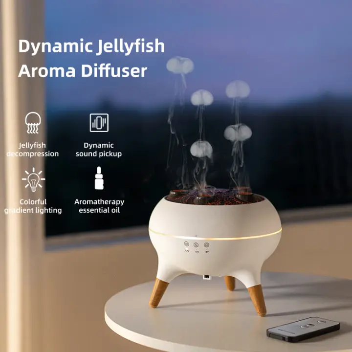WAYISMELL Dynamic Multi-Spray Flame Jellyfish Essential Oil Aromatherapy Diffuser with Colorful Atmosphere Light Remote Control Humidifier for Home and Desktop