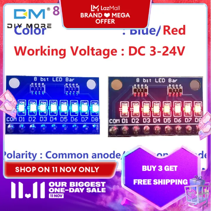 diymore diymore Blue/Red Common Anode/Cathode 3-24V 8-Bit LED Strip DC 3-24V Suitable for Connecting Arduiuo UNO Mini Nano Mega2560 DUE Breadboard MCU (AVR STM32 ARM7 ARM9 ARM10 ARM11 PIC C8051 STC MSP430 FPGA/CPLD