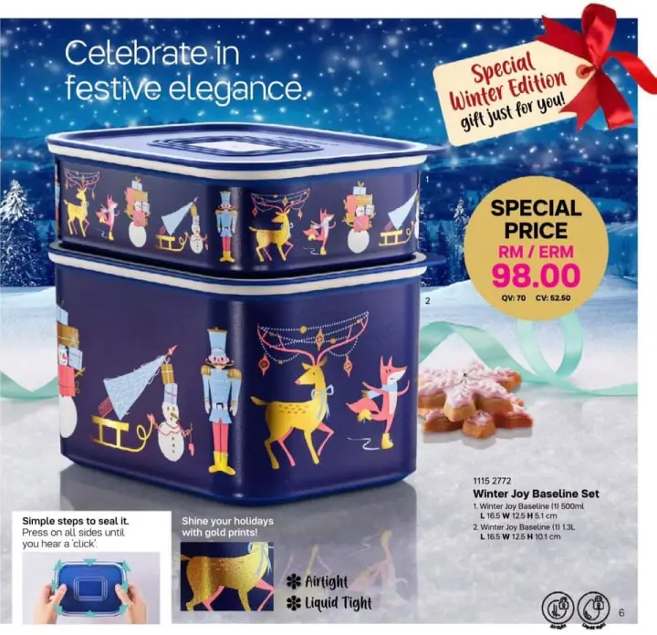 Tupperware Christmas Winter Joy Baseline Canister (1) 1.3L + 500ml (1) - Imported from Europe (LIMITED EDITION)