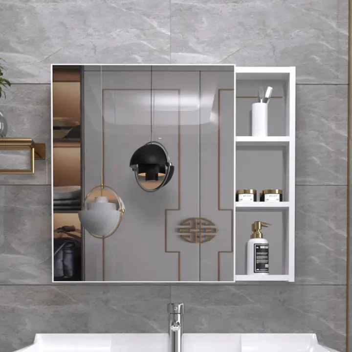 White Space Aluminum Bathroom Mirror, Round Bathroom Mirror With Storage And Light