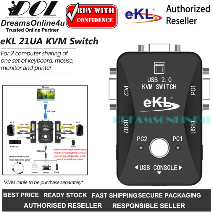 EKL EKL-21UA 2 USB VGA KVM Switch Keyboard Mouse Printer Sharing