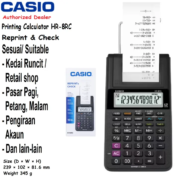 Casio Desktop Printing Calculator Resit Receipt Calculator HR-8RC 12 Digit