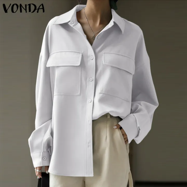 Vonda Wanita Lengan Panjang Plus Saiz Tops Butang Baju Kerja Formal Blouse Tee Asas Lazada Singapore