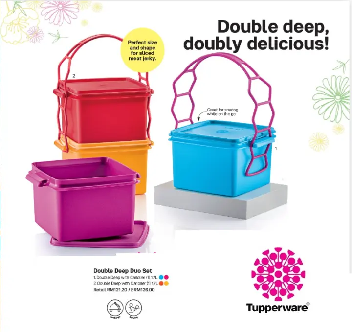 TUPPERWARE Double Deep with Cariolier Food Container- Easy to Carry (Duo Set: 1.7L x 4)