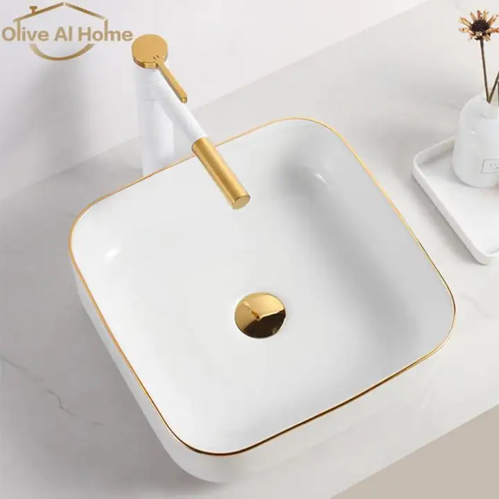 Bathroom Basin Sink Ceramic With Golden Rim By Olive Al Home Lazada Singapore - How To Measure A Bathroom Sink Bowl