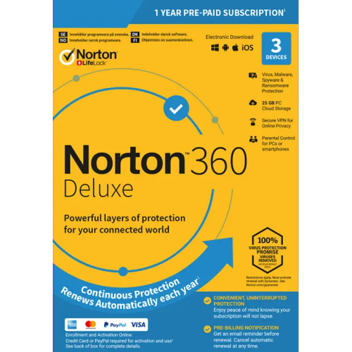 Norton 360 Deluxe 2021 - 1 Year 3 PC Device - Download - Windows 7 8 10 Home Pro Professional Ultimate Mac IOS Android Internet Security Antivirus ...