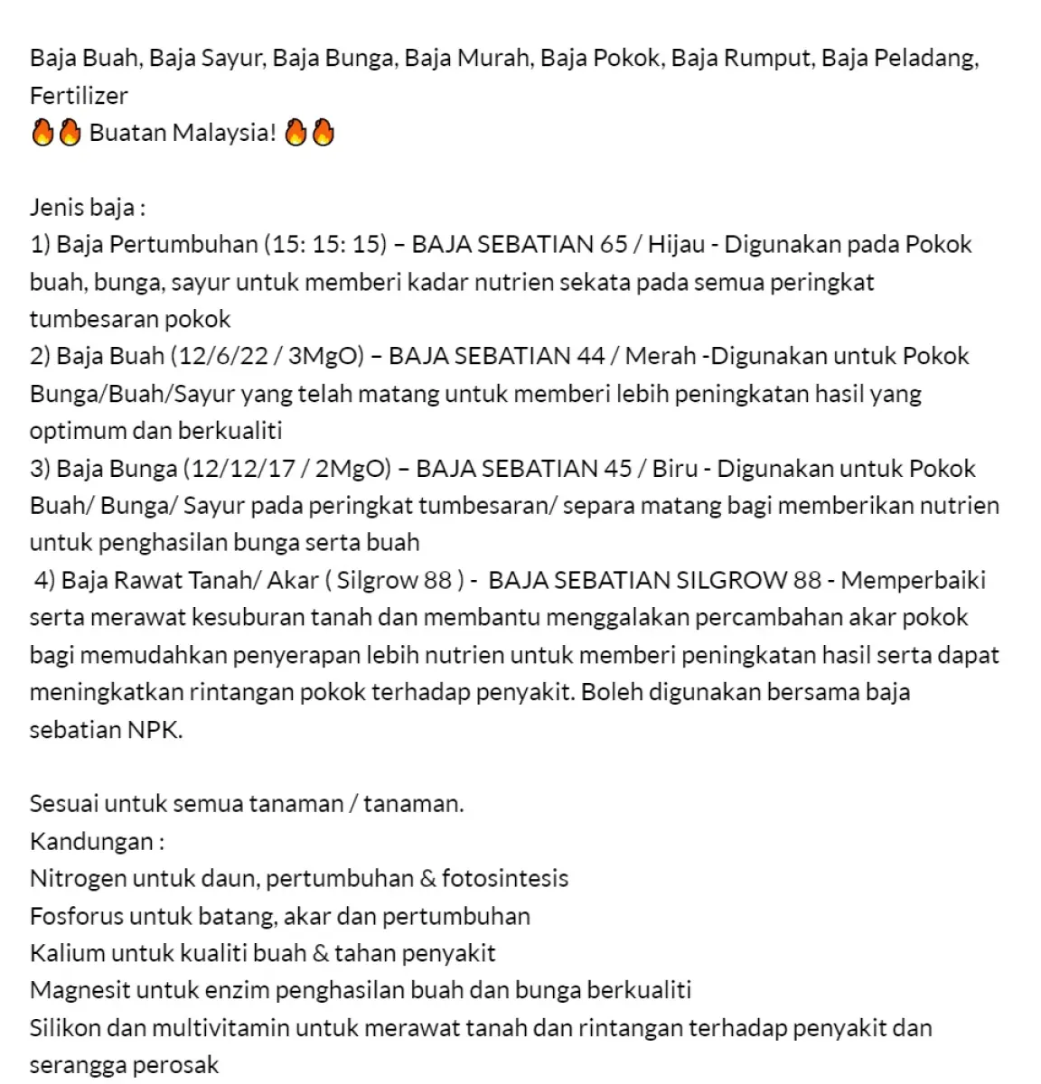5KG] 65 Baja Peladang Pertumbuhan PROMOSI Baja Sebatian Baja Buah 